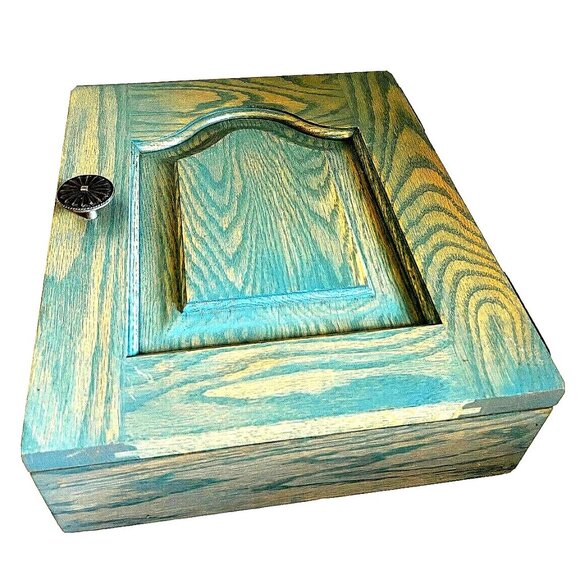 Blue Wood Box Wall Cabinet Signed Handmade Wool Interior Metal Knob 15/12/4 New